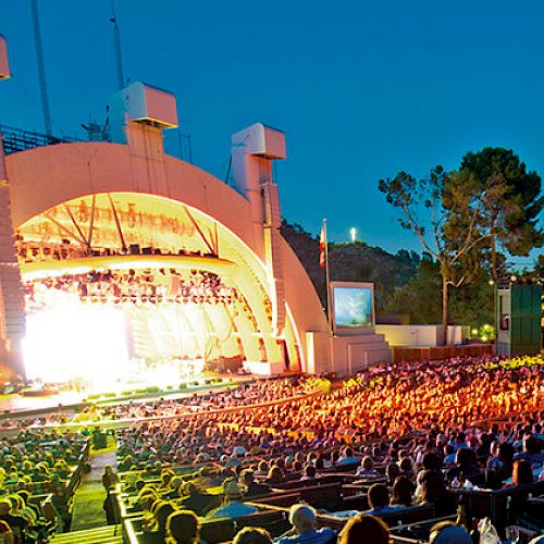 An outdoor concert at an amphitheater during the evening, with people sitting in the audience, trees in the background, and vibrant stage lighting.