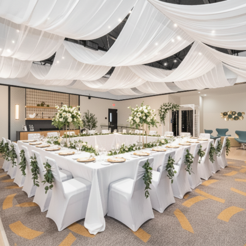 A decorated banquet hall with draped ceiling, U-shaped table setup with white linens, greenery, and floral centerpieces.
