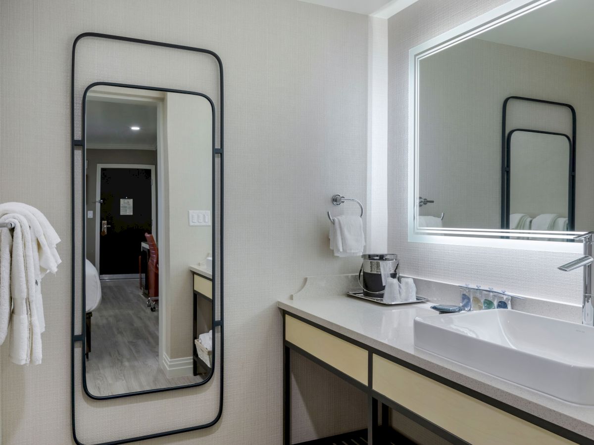 The image shows a bathroom with a large mirror, a countertop with a sink, a coffee maker, a towel rack, and an illuminated wall mirror.