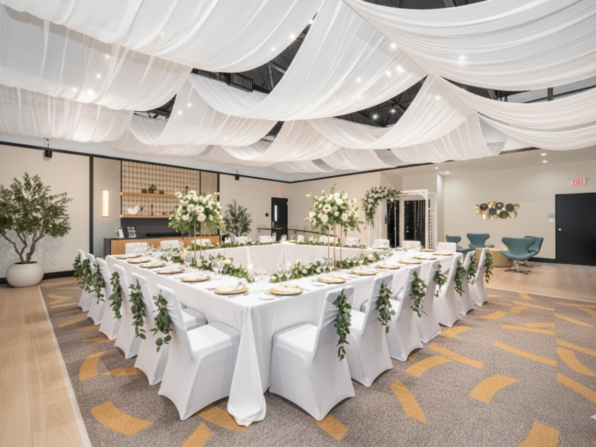 An elegant banquet hall with a U-shaped table arrangement, draped ceiling, white linens, and floral centerpieces, ready for an event.