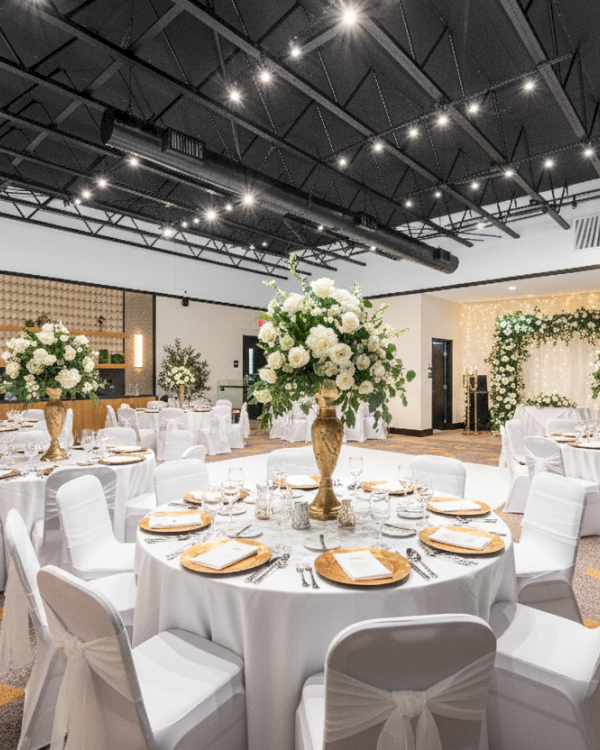 A decorated banquet hall with round tables, white chairs, gold accents, and floral centerpieces set for an event or celebration.