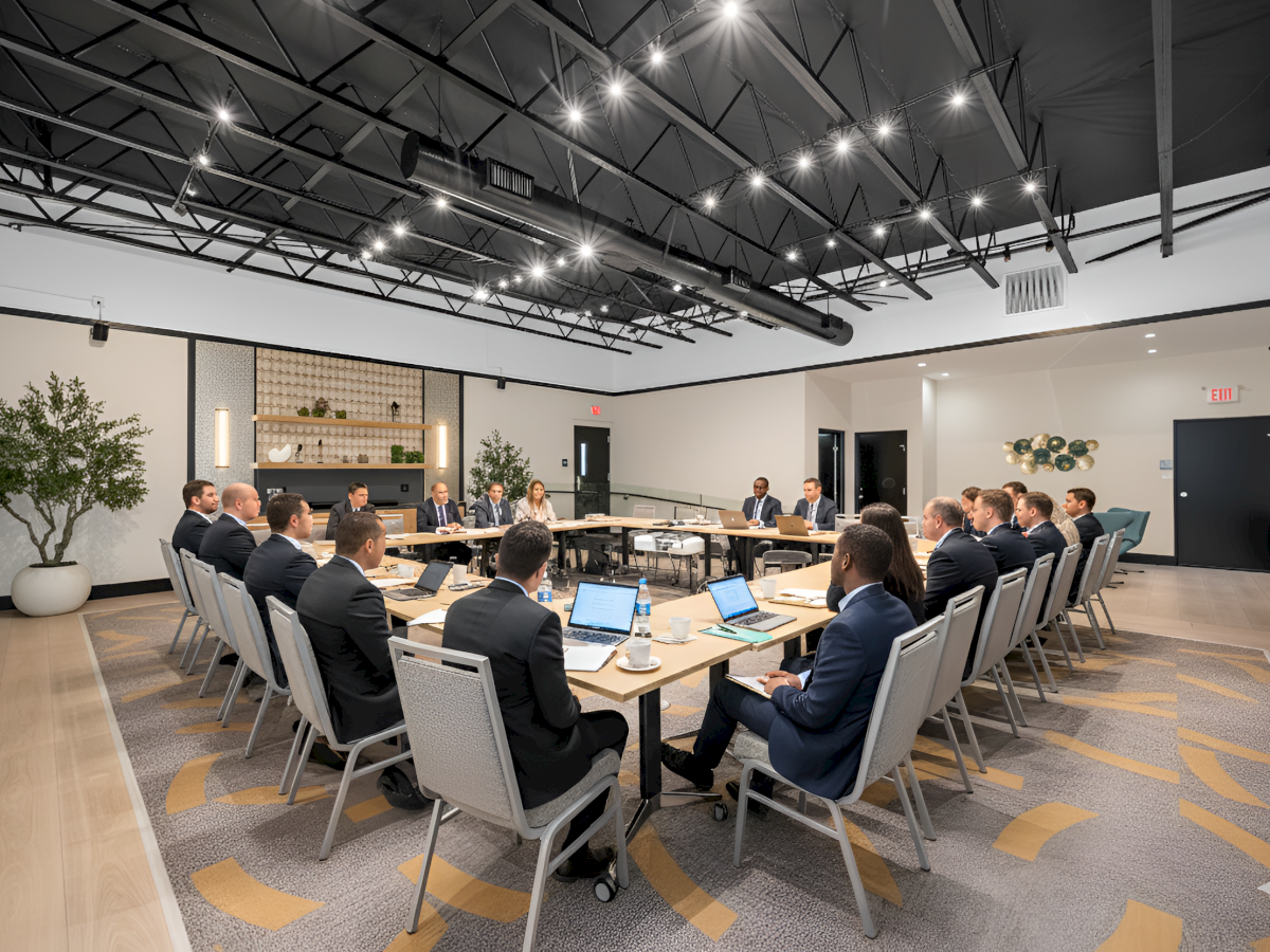 A group of people in a conference room having a meeting around a large table with laptops and documents.